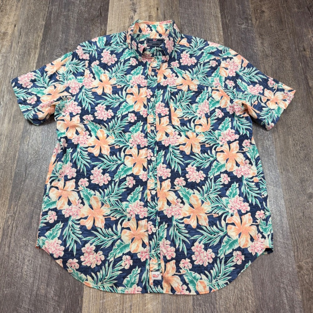 Vineyard Vines Murray Shirt Mens Large Blue Floral Tropical Short Sleeve Stretch